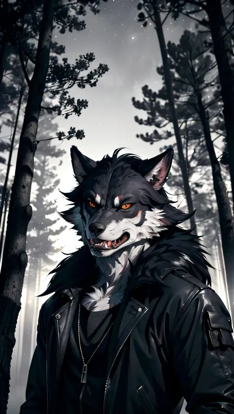 (masterpiece, best quality) photo of a man werewolf (black fur:1.2) (sharp teeth), in forest, (dimming light:1.3) (fog:1.2) (night:1.4)