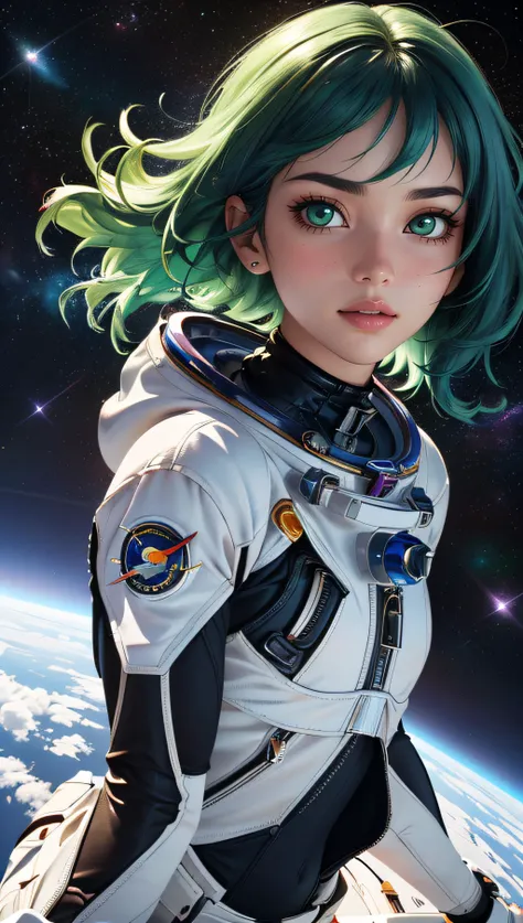 (best quality, masterpiece, colorful, dynamic angle, highest detailed)upper body photo,  full body photo, fashion photography of cute astronaut girl with long iridiscent green hair, in space with galaxy behind, (intricate details, hyperdetailed:1.15), detailed, moonlight passing through hair, (official art, extreme detailed, highest detailed),