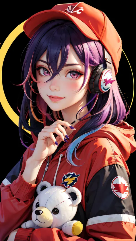 (best quality, masterpiece) 1girl, teddy bear, baseball cap, hat, solo, stuffed animal, stuffed toy, smile, long hair, hood down, jacket, hood, headphones, closed mouth, purple hair, long sleeves, fingernails, nail polish, sleeves past wrists, looking at viewer, multicolored eyes, bangs, hooded jacket, yellow nails, red jacket, multicolored nails, hair ornament, object hug, blush, red nails, white headwear, upper body, purple eyes, claw pose, heart, black headwear, hand up, bow, hoodie, hairclip, nail art, button badge, very long hair, hair between eyes, orange nails, puffy long sleeves, puffy sleeves, black bow, badge, holding, drawstring, red eyes, pink nails, star (symbol), multicolored hair, blue nails, holding stuffed toy, lightning bolt symbol, colorful, looking to the side