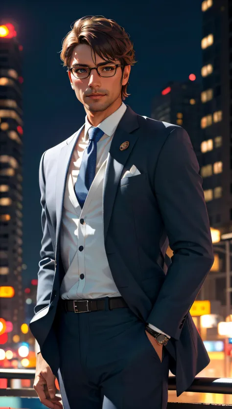 (best quality, masterpiece, hyper realistic) 1 elegant business man, photography, man in a city, ultra high details, dim light, dawn, bokeh background, night