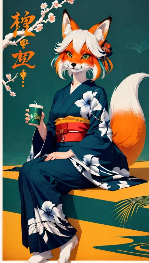 (best quality, masterpiece, colorful)(no humans)(fox, fox head, fox face, big fox eyes, fox iris, furry fox tail), anthropomorphic furry fox, wearing yukata, sitting in a tipical japanese room, japanese house, drinking green tea (colorful poster art, fantasy art, funny, perfect background wallpaper, high contrast, official art)