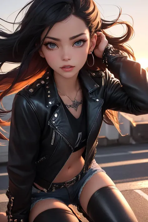 (looking at viewer:1.2)
(best quality, masterpiece, perfect face, beautiful and aesthetic:1.2, dynamic angle, highest detailed face) front view, kneeling, (sexy:1.1), (punk rock girl:1.2), (black leather jacket, studded accessories:1.2), urban graffiti background, (sunset:1.1), detailed facial expression, (wind-swept hair:1.3)