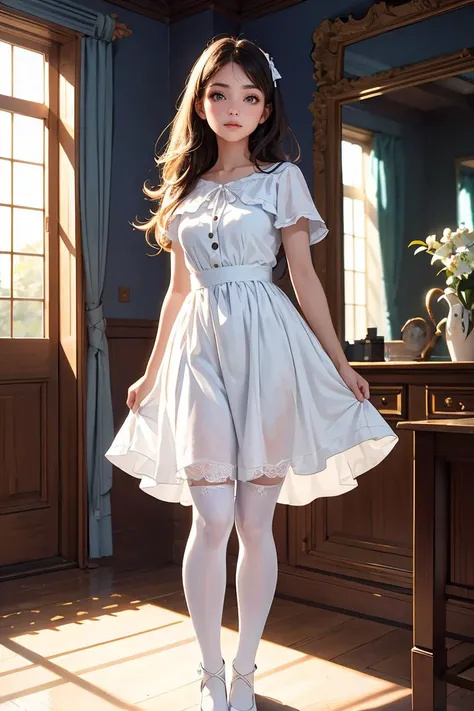 (masterpiece, best quality), 1girl, blue and white frill dress, (white stockings), cute face, standing, indoor, intricate detail, sunlight,