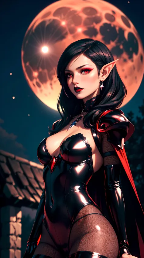 a picture of a female vampire in an infinity pool of blood watching the city at night, (Masterpiece, intense details: 1.5 ), exquisite, dreadful beautiful vampire, long black hair, intense green eyes, evil smile, fangs, busty sitting near a large infinity pool of dark ((red blood: 1.2)) there are stone steps leading to the pool, lit by candles, elegant pool rim, (falls of blood fill the pool: 1.3), there is a crystal glass of wine near the vampire, she is wearing glamour black bathing suit, high detail, Conceptual art, Realism, cinematic lighting, moon light, reflection light, from side, panorama, ((anatomically correct:1.5))Ultra-Wide Angle, Wide-Angle, award winning, best quality, high quality, high details, highres, vibrant, Ultra-high resolution, High Contrast, (masterpiece:1.5), highest quality, Best aesthetics), best details, best quality, highres, ultra wide angle, 16k, [ultra detailed], masterpiece, best quality, (extremely detailed), Blood_Covered, vampire teeth, Intense gaze, hud_s1n, short black dress, long sleeves, veil, thighhighs

