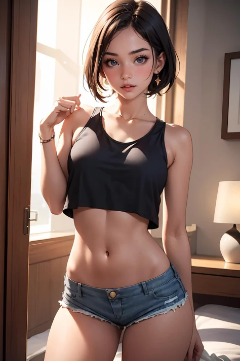 (masterpiece, best quality), 1girl, 22 years old, <lora:micro_shorts_v0.6:1> micro shorts, denim shorts, tank top, sexy pose,