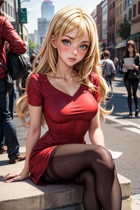 (masterpiece, best quality), 1girl, blonde hair, red dress, pantyhose, cute face, blush, <lora:add_detail:1>