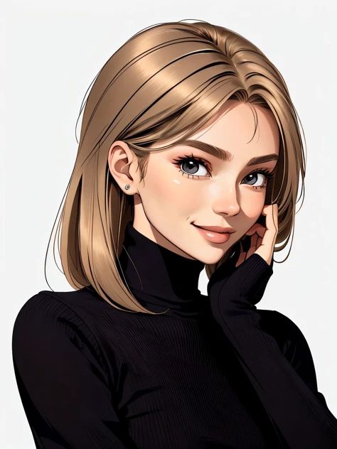 (minimalist design, clean lines, flat colors, simplicity:1.15), close range <lora:sd15_lora_AnnaVonKlinski_96_v1:.9> AnnaVonKlinski with dirty blonde highlights, focus on smiling face, side view wearing a thin sweater , her dark lavender color hair is styled as wispy bangs hair,