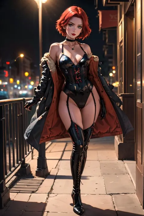 (masterpiece,best quality,8k,beautiful and aesthetic:1.2)
(<lora:BloodrayneV6:0.85> bloodrayne, necklace, black choker, bare shoulders, corset, elbow gloves, midriff, knee boots)
((<lora:exhibitionism:0.85>, (standing), exhibitionism, public indecency, flashing, coat, coat collarbone, (black leotard:1.3), thighighs, garter belt, confident, in a crowd)
), posing, side view, looking at viewer,  inside beachfront balcony, midnight, warm lighting, (depth of field, bokeh, 4K, hyper realism, soft light, dramatic light, sharp, HDR)