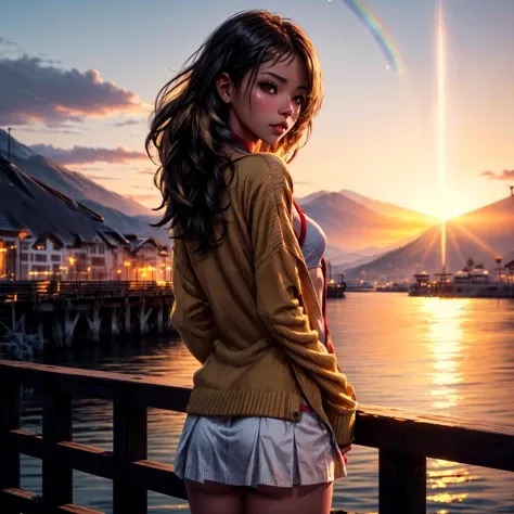 masterpiece, best quality, 1girl, nianacci, intricate detail, (golden hour, warm glow:1.4), summer, mountainous horizon, rainbow, cloudy sky,  pier, red skirt, red cardigan, from behind, arms behind back, 
 <lora:more_details:0.8>
