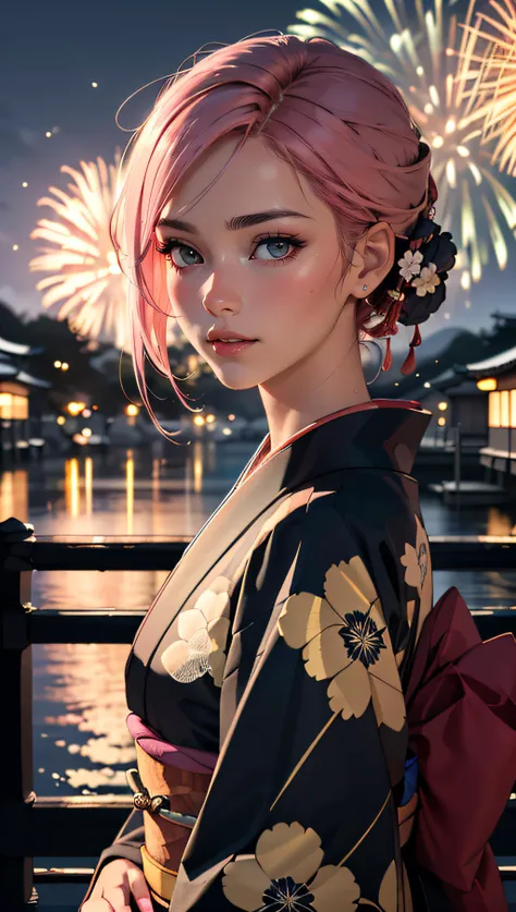 (best quality, masterpiece, perfect face, detailed simmetric iris, perfect smooth skin texture), pink hair, 18 years old european girl, flirting with POV, in traditional japanese gold&black kimono, ultra detailed kimono textures, high contrast, night, kyoto, fireworks, (hyperrealism, soft light, dramatic light, sharp, HDR)