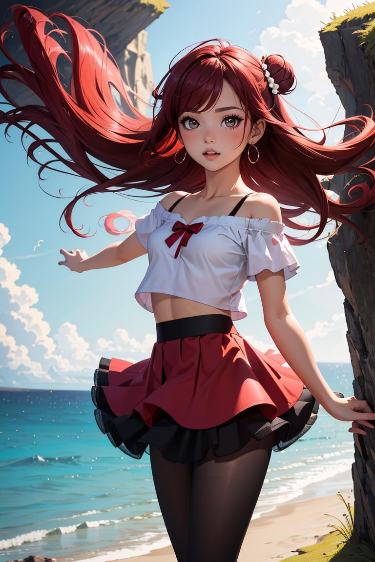 A woman in a short skirt and top standing on a beach - SeaArt AI