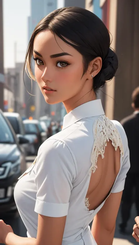 masterpiece, best quality, intricate detail, (realistic, photorealistic:1.2), 1girl, (Agnez Mo:1.2), business casual, parted lips, facing back, 
 OverallDetail