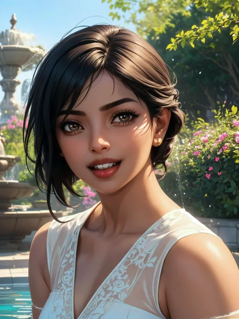 masterpiece, best quality, intricate detail, (realistic, photorealistic:1.2), 1girl, Priyanka Chopra, loose clothes, fountain, garden, midday, direct lighting, overhead sunlight, half-closed eye, laughing,
OverallDetail