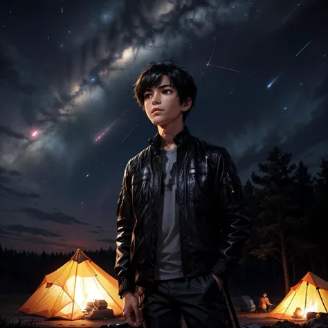 masterpiece, best quality, highres, intricate detail, (((1boy))), short hair, skinny, black hair, black eyes, eyebrows hidden by hair, asymmetrical bangs, antenna hair, adventurer, open jacket, long pants, tent, camping chair, night, dark background, campfire, roasting, (low-key lighting, dimly lit:1.4) standing, hand in pocket, holding scope, facing up, looking up, starry sky, meteor shower, from below,
<lora:Vanessa Hudgens:0.5>, <lora:more_details:0.8>