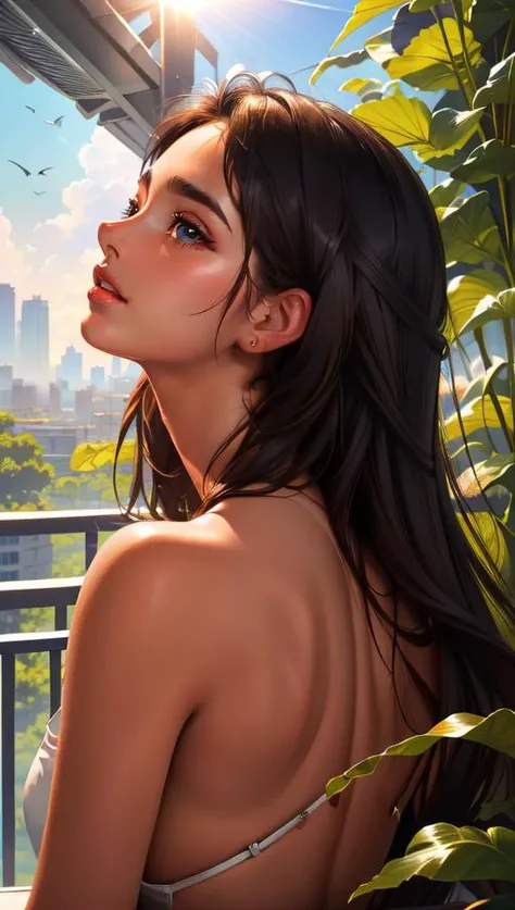 masterpiece, best quality, 1girl,  jg-jc0n, balcony, sunlight, nature, facing up, looking up, parted lips,   <lora:epiCRealismHelper:1> <lora:skin_tone_slider_v1:1>
