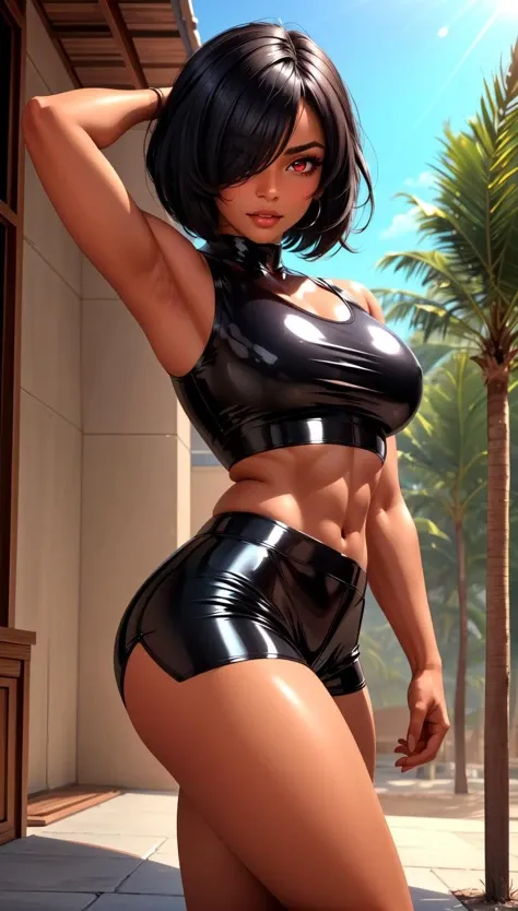 1 girl, single girl, dark skin, tanned skin, green eyes, big breasts, wide hips, sexy black top, short shorts, black leather boots, rocker, in a music band