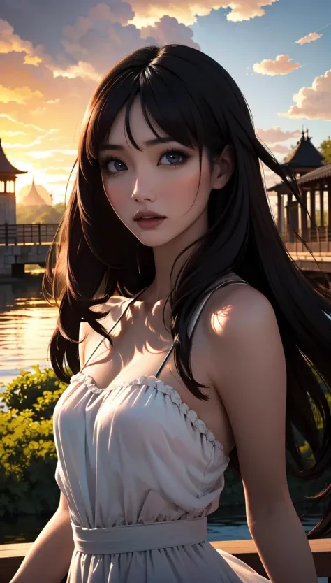 masterpiece, best quality,  <lora:AnnaKonno:1.0> 1girl, hime cut, long hair,  gothic dress, gothic,  <lora:epiCRealismHelper:1>, expressions, (open mouth:0.5), sunset, light rays,  outdoor, nature,  floating hair,