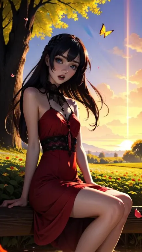 The girl in the red dress looked back on the grass