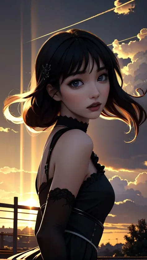 masterpiece, best quality,  <lora:AnnaKonno:1.0> 1girl, hime cut, long hair,  gothic dress, gothic,  <lora:epiCRealismHelper:1>, expressions, (open mouth:0.5), sunset, light rays,  outdoor, nature,  floating hair,