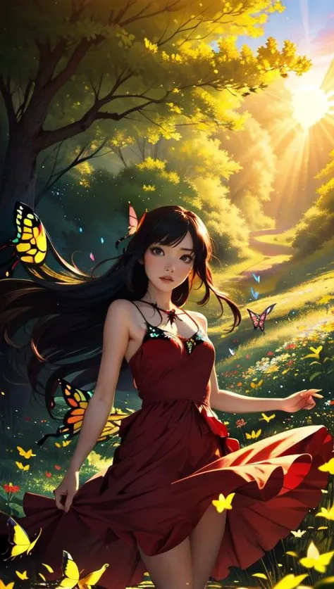 masterpiece, best quality, <lora:AnnaKonno:1.0> 1girl, hime cut, long hair, gothic, red dress, <lora:epiCRealismHelper:1>, expressions, (open mouth:0.5), sunset, light rays, outdoor, nature, (butterfly:1.4), petals, floating hair,