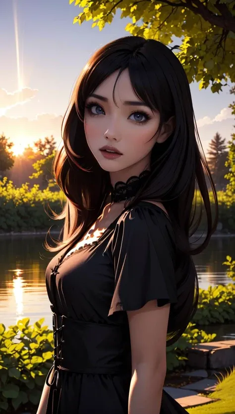 masterpiece, best quality,  <lora:AnnaKonno:1.0> 1girl, hime cut, long hair,  gothic dress, gothic,  <lora:epiCRealismHelper:1>, expressions, (open mouth:0.5), sunset, light rays,  outdoor, nature,  floating hair,