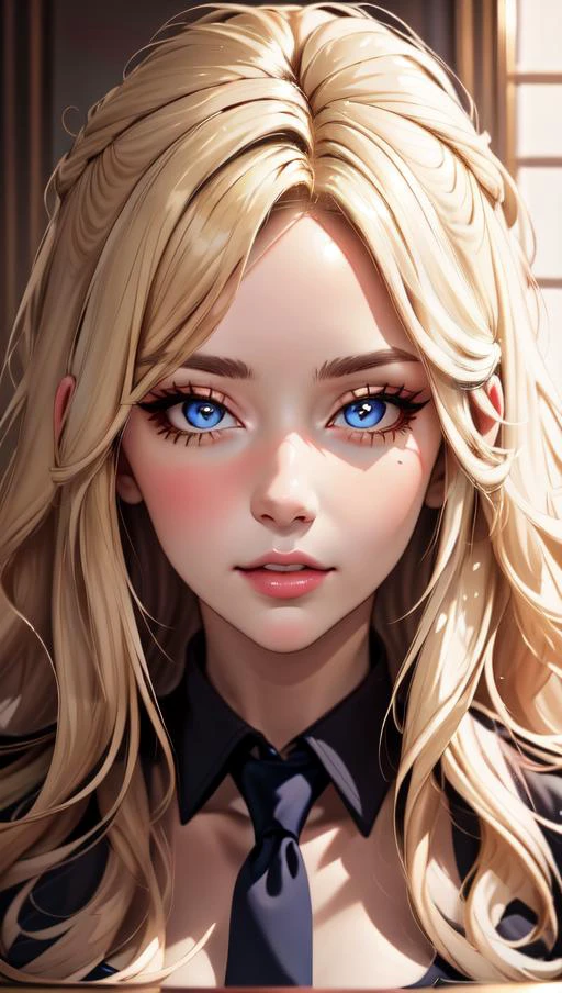 masterpiece, best quality, 1girl, <lora:big_hair-1.0:1.4> big hair , tied hair, blonde hair, long eyelashes, indoors, necktie, portrait, close-up, parted lips, thick lips, face focus