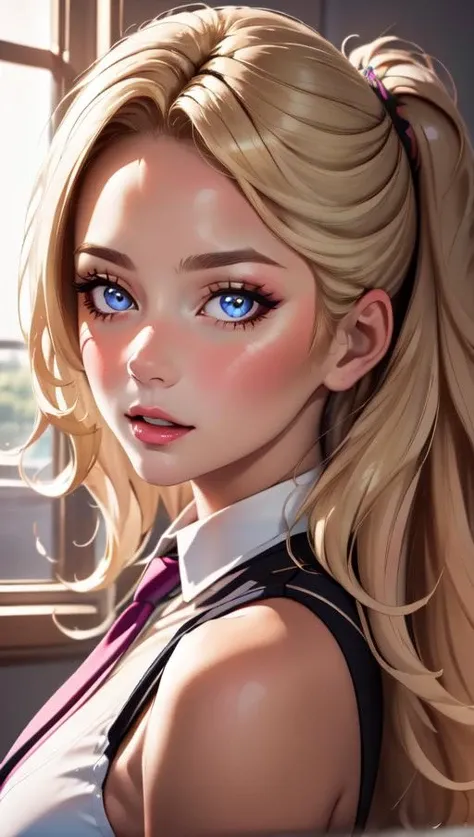 masterpiece, best quality,  1girl,  <lora:big_hair-1.0:1.4> big hair , tied hair,  blonde hair,  long eyelashes,  indoors, necktie, portrait, close-up, (open mouth:0.8), thick lips, face focus, from side,