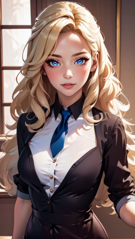 masterpiece, best quality, 1girl, <lora:big_hair-1.0:1.4> big hair , tied hair, blonde hair, long eyelashes, indoors, necktie, bracelet, hands on own face, cowboy shot,