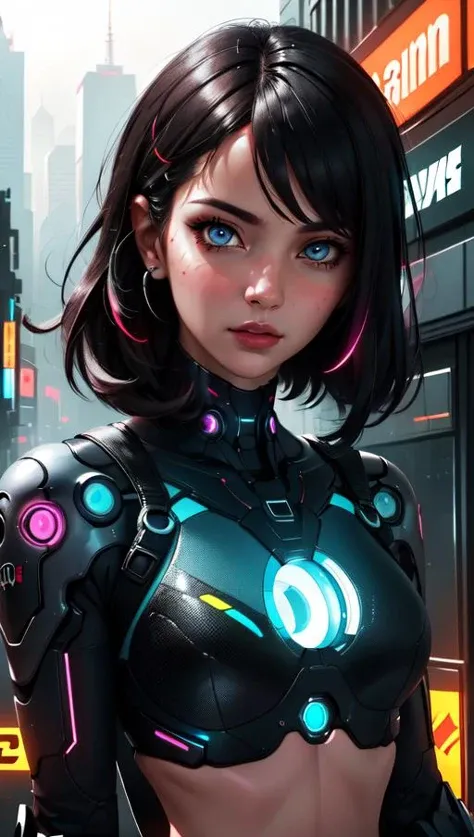 masterpiece, best quality, a digital portrait in a futuristic cyberpunk style, with neon accents, augmented reality enhancements, and a dystopian backdrop <lora:epiCRealismHelper:1>