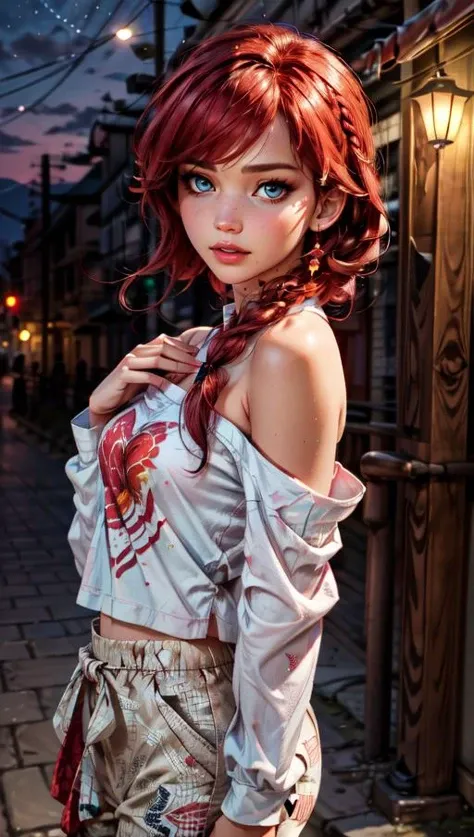 masterpiece, best quality, 1girl, landscape, night, long sleeves, bare shoulders, long pants, loose pants, printed shirt, red hair, amber eyes, thick lips, long eyelashes, eyeshadow, red eyeliner, <lora:long_braid_hairstyle:0.5> long_braid_hairstyle <lora:epiCRealismHelper:1>, <lora:add_detail:1>
