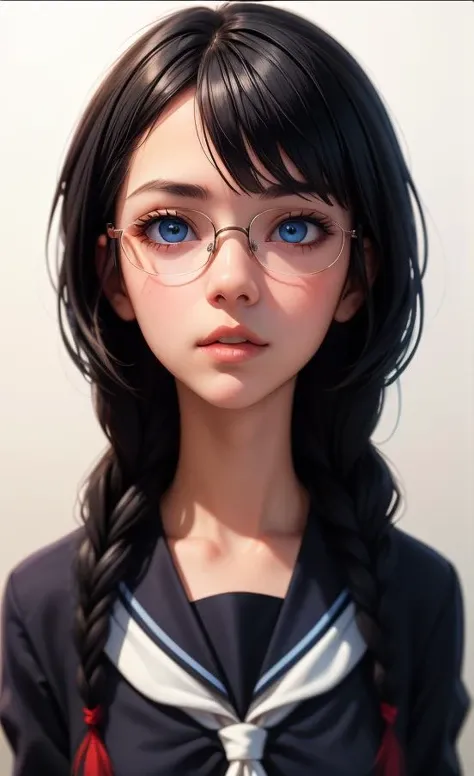 masterpiece, best quality, 1girl, bangs, black-framed eyewear, black hair, blue eyes, blue sailor collar, blurry, blurry background, blurry foreground, braid, depth of field, glasses, gradient, gradient background, hair over shoulder, lips, long hair, looking at viewer, motion blur, neckerchief, parted lips, sailor collar, school uniform, serafuku, single braid, solo, twin braids, <lora:epiCRealismHelper:1> <lora:add_detail:0.5>