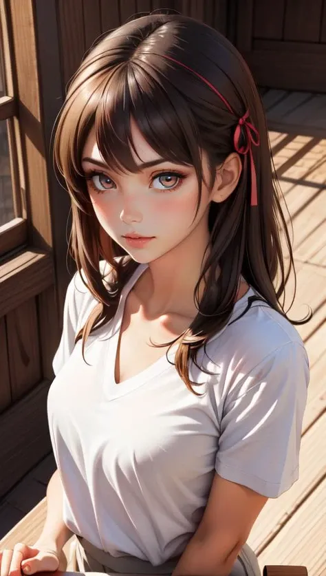masterpiece, best quality, intricate quality, 1girl, light brown hair, bangs, v arms, v-neck, hair ribbon, raised eyebrows, ringed eyes, from above, soviet printed shirt