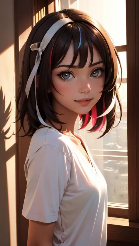 masterpiece, best quality, intricate quality, 1girl, light brown hair, bangs, v arms, v-neck, hair ribbon, raised eyebrows, ringed eyes, shoulder cutout, light smile, printed shirt, leaning to the side, dramatic lighting, dramatic shadows, illumination, sunbeam, streaked hair, turning head,