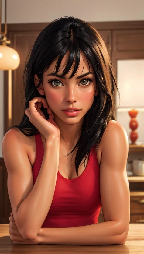 masterpiece, best quality, <lora:THEPIT:0.7>1girl, black hair, blurry, breasts, depth of field, hand on own cheek, hand on own face, head rest, indoors, lips, long hair, looking at viewer, medium breasts, nose, realistic, solo, tank top, upper body