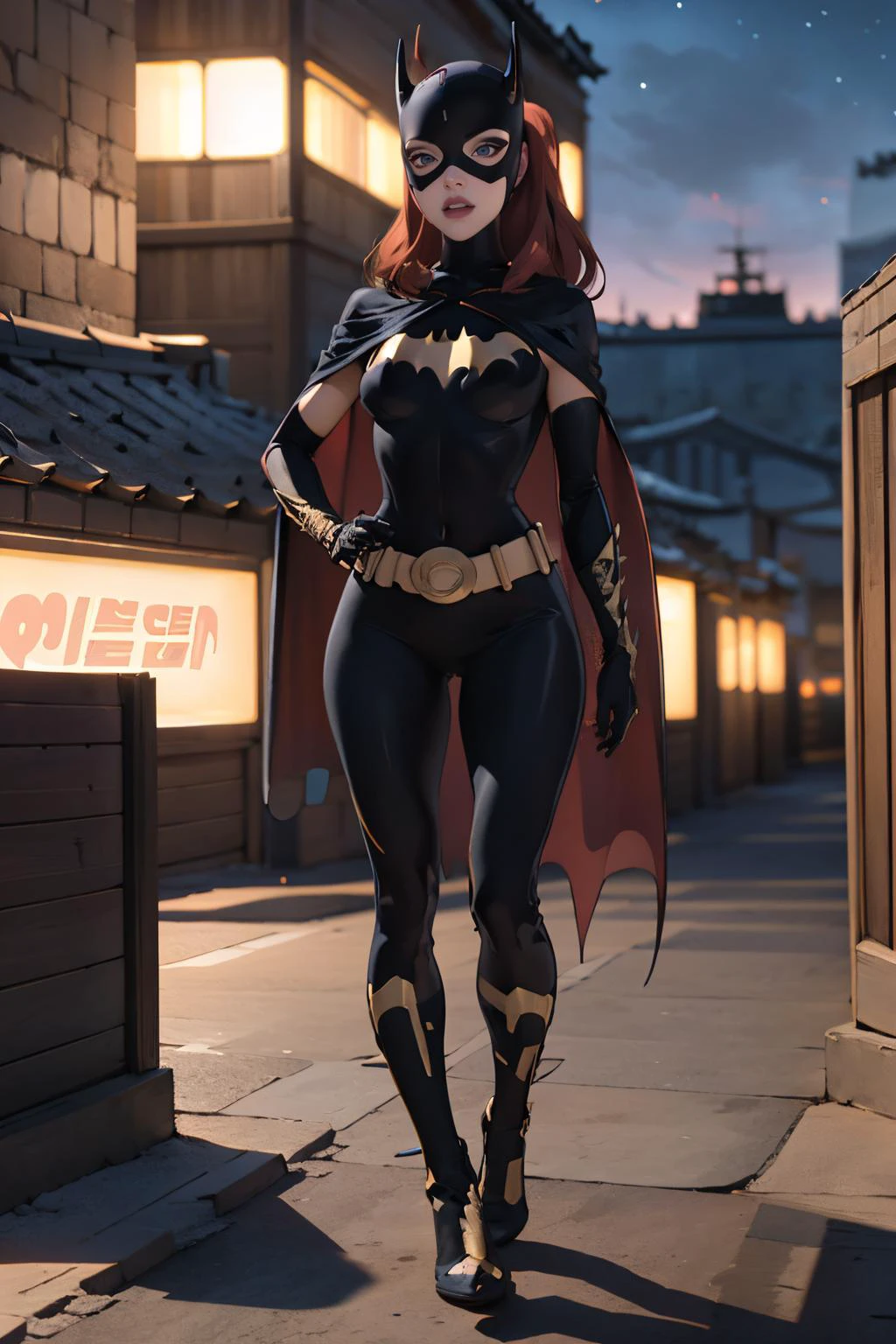 masterpiece, best quality, 1girl, <lora:CARTOON_DC_batgirl_ownwaifu:0.6> CARTOON_batgirl_ownwaifu,www.ownwaifu.com,mask,long hair,blue eyes,bodysuit,breasts,cape,domino mask,belt,medium breasts,superhero,gloves,lips,black bodysuit,helmet,belt buckle,horns,bat_print,pouch, curvy, toned, large breasts, narrow waist, night sky, rooftop, on roof,