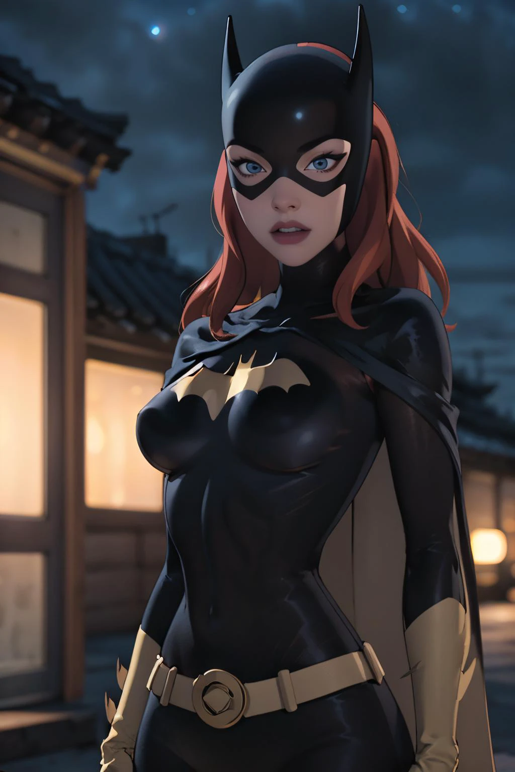 masterpiece, best quality, 1girl, <lora:CARTOON_DC_batgirl_ownwaifu:0.8> CARTOON_batgirl_ownwaifu,www.ownwaifu.com,mask,long hair,blue eyes,bodysuit,breasts,cape,domino mask,belt,medium breasts,superhero,gloves,lips,black bodysuit,helmet,belt buckle,horns,bat_print,pouch, curvy, toned, large breasts, narrow waist, realistic, 3d, night sky, cityscape,