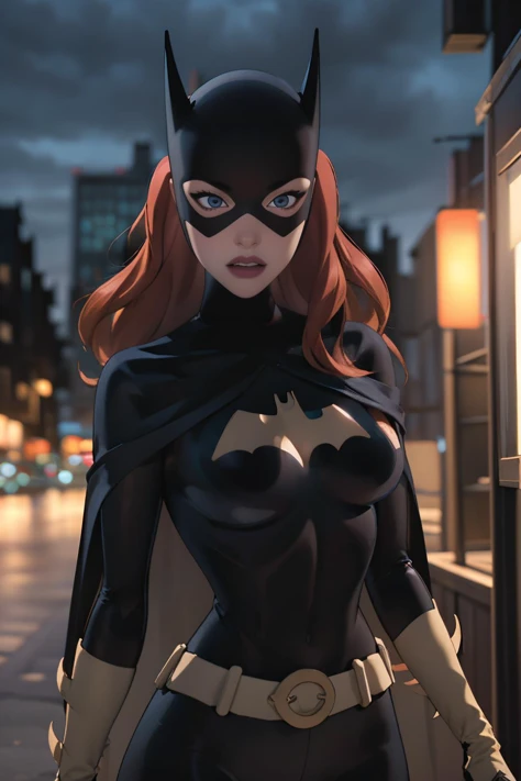 masterpiece, best quality, 1girl, <lora:CARTOON_DC_batgirl_ownwaifu:0.8> CARTOON_batgirl_ownwaifu,www.ownwaifu.com,mask,long hair,blue eyes,bodysuit,breasts,cape,domino mask,belt,medium breasts,superhero,gloves,lips,black bodysuit,helmet,belt buckle,horns,bat_print,pouch, curvy, toned, large breasts, narrow waist, realistic, 3d, night sky, cityscape, gotham city background