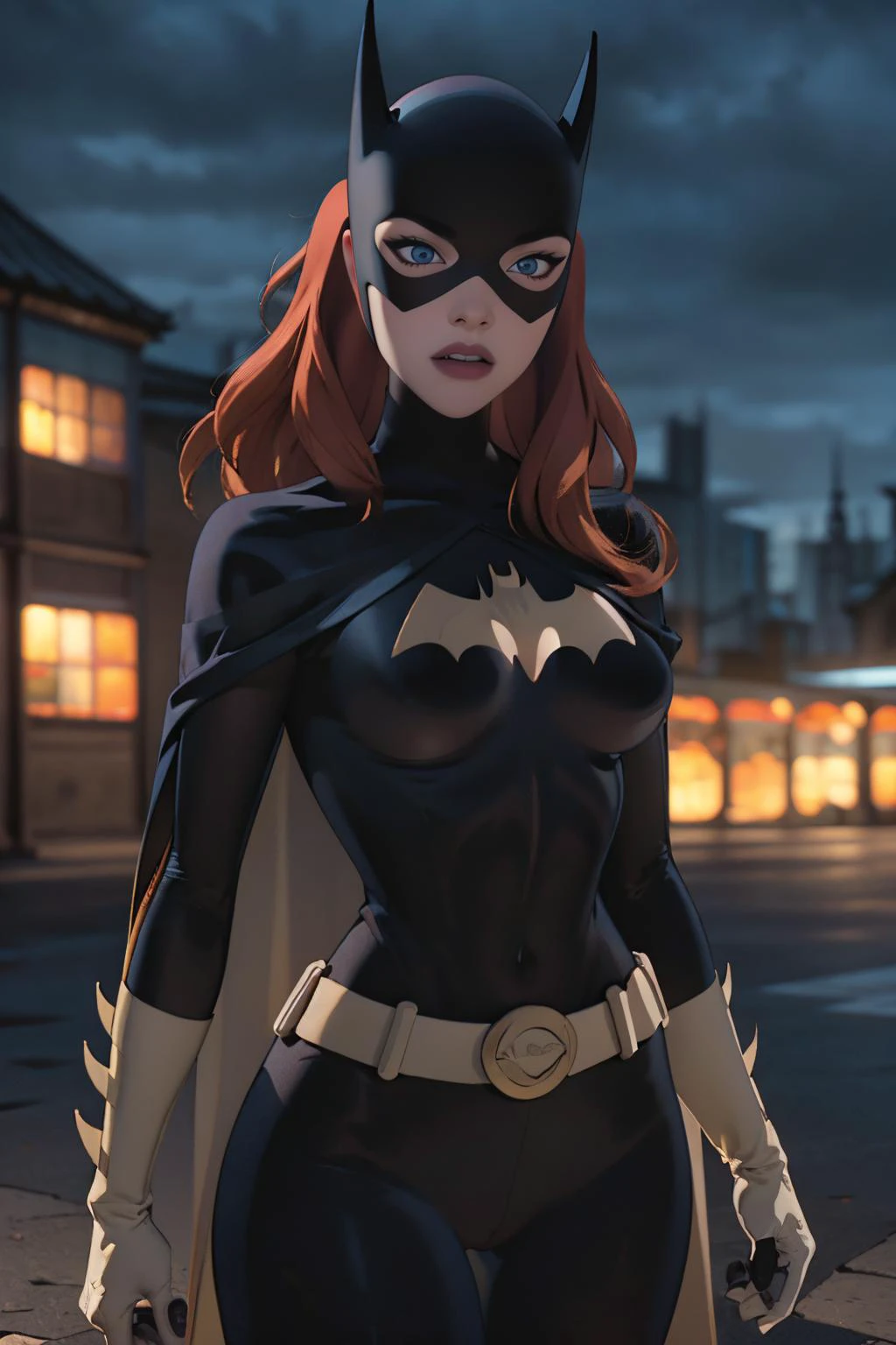masterpiece, best quality, 1girl, <lora:CARTOON_DC_batgirl_ownwaifu:0.8> CARTOON_batgirl_ownwaifu,www.ownwaifu.com,mask,long hair,blue eyes,bodysuit,breasts,cape,domino mask,belt,medium breasts,superhero,gloves,lips,black bodysuit,helmet,belt buckle,horns,bat_print,pouch, curvy, toned, large breasts, narrow waist, realistic, 3d, night sky, cityscape, gotham city background