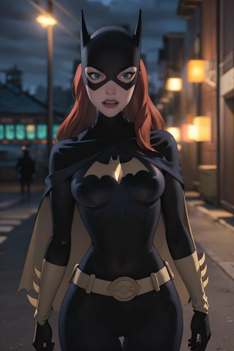 masterpiece, best quality, 1girl, <lora:CARTOON_DC_batgirl_ownwaifu:0.8> CARTOON_batgirl_ownwaifu,www.ownwaifu.com,mask,long hair,blue eyes,bodysuit,breasts,cape,domino mask,belt,medium breasts,superhero,gloves,lips,black bodysuit,helmet,belt buckle,horns,bat_print,pouch, curvy, toned, large breasts, narrow waist, realistic, 3d, night sky, cityscape, gotham city background