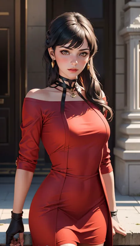 fullbody view, female, intense green eyes, black hair tied to a bun, strapless full dress, red scarf around her neck, long silk gloves, a fabric is wrapped around her waist