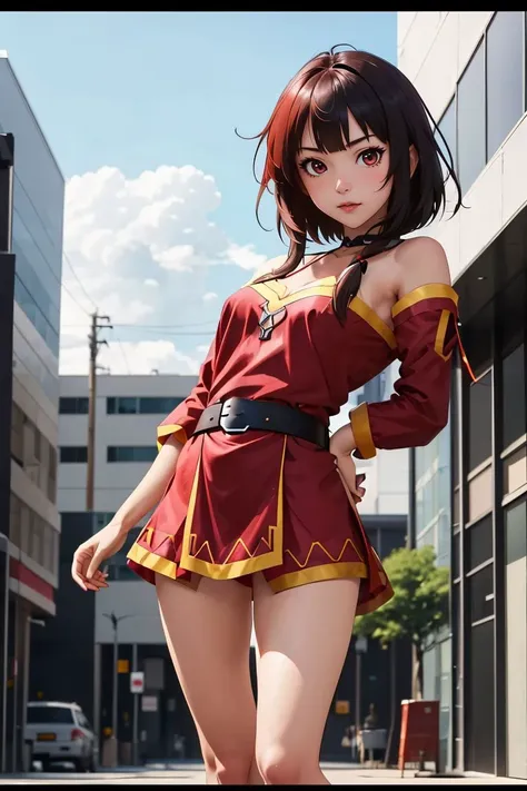 ((ultra quality)), ((Masterpiece)), ((8K)), ((Megumin)), ((brown hair)), (Beautiful face), (), charming, ((curious facial expression)), looks at the camera with a slight smile, eyes closed a little, (Skin color white), (White skin), glare on the body, ((detailed beautiful female eyes)), ((Red eyes)), (beautiful female lips), (dark eyeliner), (beautiful female hands), ((Ideal female figure)), Ideal female body, beautiful waist, beautiful hips, small breasts, (cloth: Megumin costume), ((subtle and beautiful)), sits seductively (), background: fantasy guild of heroes, ((depth of field)), ((high quality clear image)), (clear details), ((High detail)), realistically, ((Clear Focus)), anime.