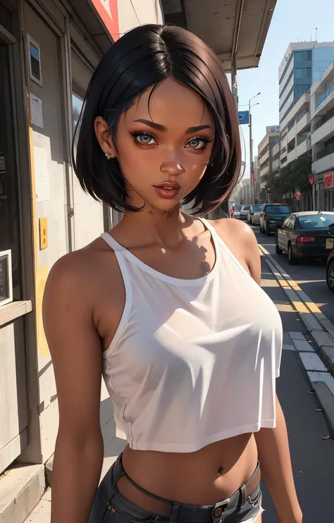 A beautiful, gigantic, fully naked black woman leaning against a skyscraper, city, extra dark skin, very short light brown bob haircut, 4kHD, giantess, giantess shot, hyper realistic, real person, detailed face, extremely detailed body