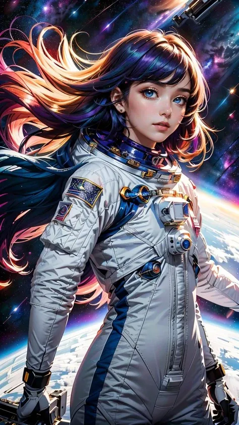 (best quality, masterpiece, colorful, dynamic angle, highest detailed) upper body shot, fashion photography of cute astronaut girl with long iridiscent colorful hair, in space sunlight passing through hair, (beautiful galaxy background), (official space art)