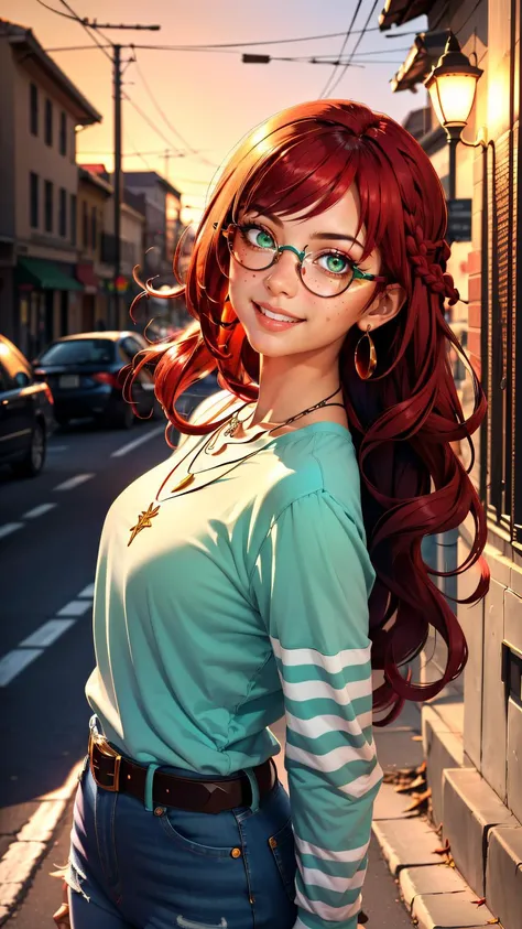 1girl, braid, red hair, (freckles:0.75), round eyewear, green eyes, ((nose)), parted bangs, bangs, crew neck, long sleeves, striped sleeves, , necklace, jeans, belt, , feeling amused,
masterpiece, best quality, intricate, depth of field,
trash can, lamppost, poster \(object\), sunset,