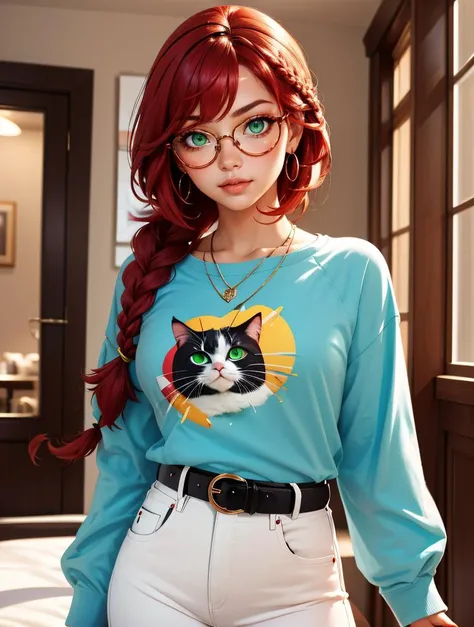 1girl, braid, red hair, (freckles:0.5), round eyewear, green eyes, ((nose)),   parted bangs, bangs, crew neck,  long sleeves, striped sleeves, cat printed, necklace, jeans, belt, 
masterpiece, best quality, intricate, depth of field,