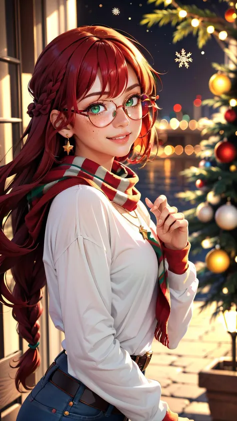 1girl, braid, red hair, (freckles:0.75), round eyewear, green eyes, ((nose)), parted bangs, bangs, crew neck, long sleeves, striped sleeves, , necklace, jeans, belt, scarf, from side, light smile,
masterpiece, best quality, intricate, depth of field,
lit christmas tree, glitter,