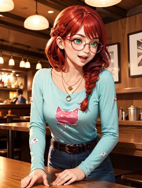 1girl, braid, red hair, (freckles:0.5), round eyewear, green eyes, ((nose)), parted bangs, bangs, crew neck, long sleeves, striped sleeves, cat printed, necklace, jeans, belt, restaurant, counter, looking away, feeling amused, slightly open mouth
masterpiece, best quality, intricate, depth of field,
