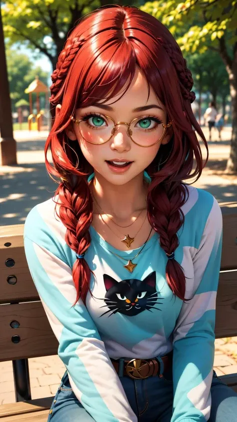 1girl, braid, red hair, (freckles:0.5), round eyewear, green eyes, ((nose)), parted bangs, bangs, crew neck, long sleeves, striped sleeves, cat printed, necklace, jeans, belt, looking away, feeling amused, slightly open mouth
masterpiece, best quality, intricate, depth of field,
park bench, playground, trash can, dappled sunlight,