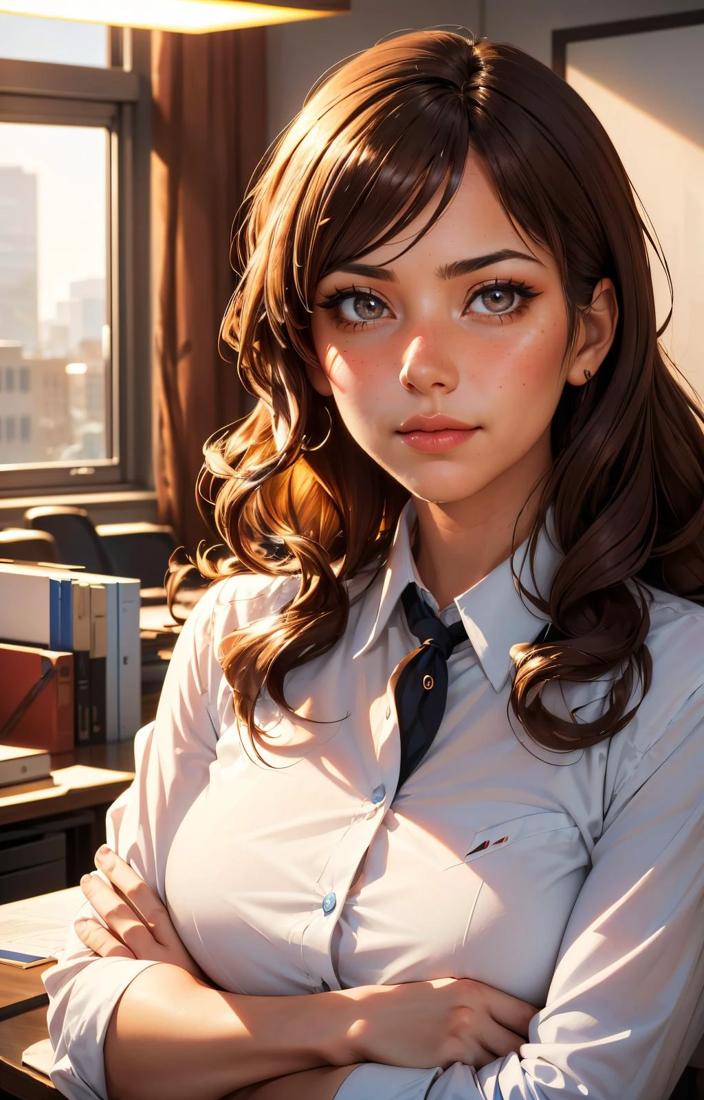 1girl, light brown hair, long nose, thick lips, curly hair, office lady, office, wavy hair, closed mouth, portrait, crossed arms,
masterpiece, best quality, intricate, depth of field, <lora:skin_slider_v1:0.4>, <lora:breastsizeslideroffset:0.6>, <lora:age_slider_v6:0.5>