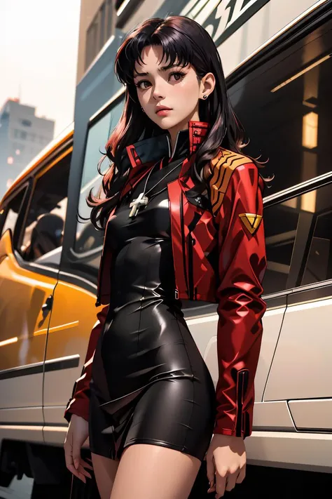 (masterpiece, best quality), 1girl, <lora:misato-nvwls-v1:1> misato, black eyes, parted bangs, long hair, earrings, cross necklace, red jacket, long sleeves, black dress